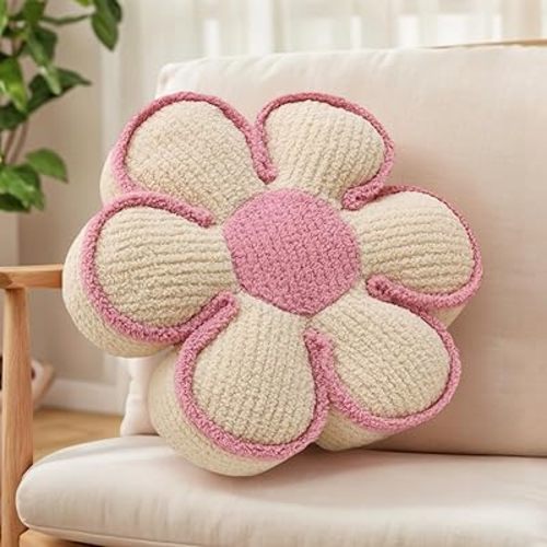 Beige Preppy Throw Pillow Decorative Flower Pillows 16" Cute Soft Fluffy Daisy Shaped Floor Cushion Aesthetic for Sitting Chair Couch Bed Room Bedroom Decor (1, Beige, 16 Inch)