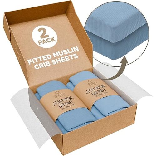 Crib Sheets 100% Organic Muslin Cotton Sheets for Boys & Girls, Fitted Sheets for Standard Crib & Toddler Mattress - Super Soft & Breathable for Cozy Comfort | Blue + Light Blue - 52"x28" (2 Pack)