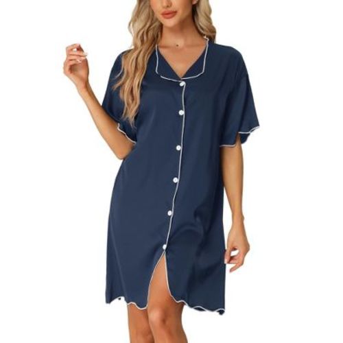 cheibear Women's Satin Short Sleeve Sleepshirt Button Down Pajama Nightgown Medium Blue
