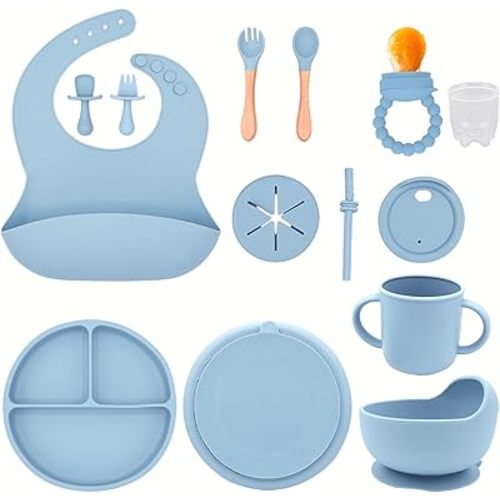 Baby Feeding Set, 13PCS Silicone Baby Self Feeding Set, Toddler Led Weaning Utensils Set with Suction Bowl and Plate, 2 Set of Baby Spoon and Fork, Adjustable Bid, Sippy Cup with Straw and 2 Lids