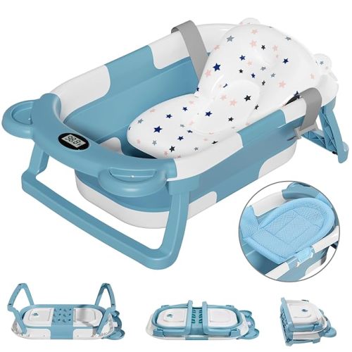 Collapsible Baby Bathtub for Newborn with Thermometer & 1 Soft Floating Cushion & 1 Bath Net,Portable Travel Bathtub with Drain Hole, Durable Foldable Baby Tubs for Infants to Toddler - Bear like - Blue