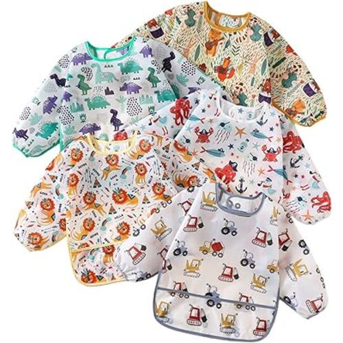 Sleeved Bib,5 Pack,Waterproof Shirt Bibs for Baby 3-24 Months Wipe Clean