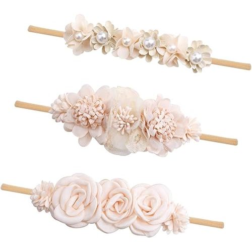 cherrboll 3pcs Baby Girl Flower Headbands, Super Soft & Stretchy Nylon Floral Hairbands for Newborn Toddler