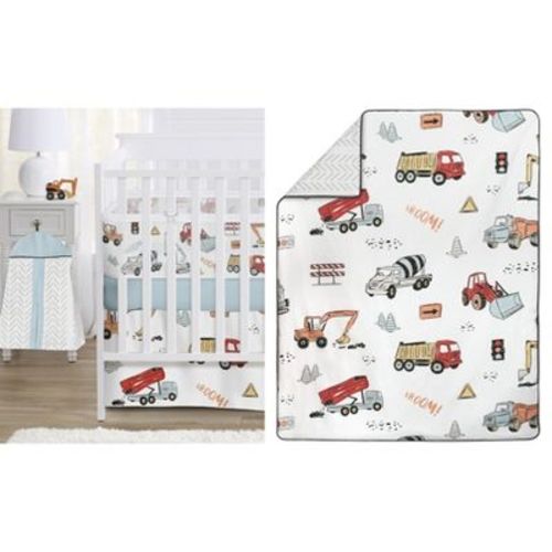 Sweet Jojo Designs 6p Boy Crib Bedding + BreathableBaby Breathable Mesh Liner Baby Nursery Construction Truck White Red Blue
