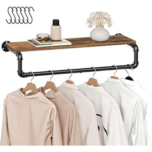 Pipe Clothes Rack, 31.5 in Wall Mounted Garment Rack with Top Shelf, Industrial Clothing Rack with Hanging Rod, Heavy Duty Detachable, Space Saver Hanging Clothes Rack, Rustic Brown FS08BRY1