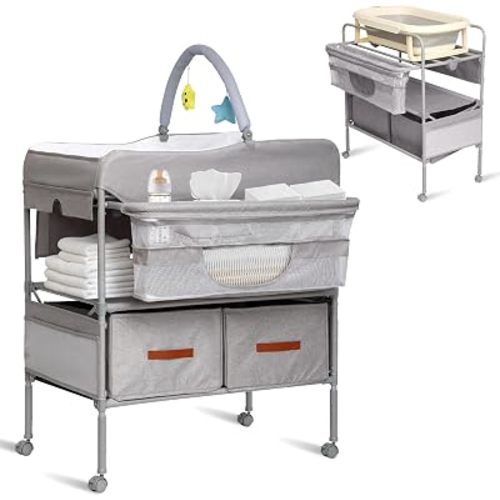 Baby Changing Table, Baby Bathtub with Stand, Multifunctional Portable Folding Changing Table with 2 Storage Baskets, Adjustable Height Changing Station，Baby Bathtub with Changing Table (Grey)
