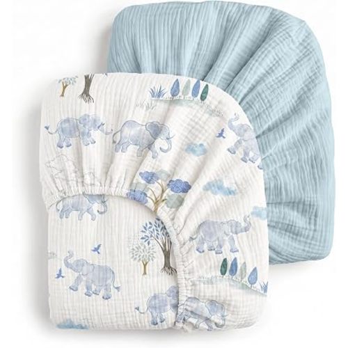 Muslin Crib Sheets for Boys Girls, Fitted 52''x28'' Organic Cotton