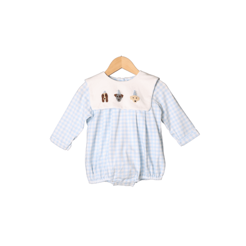 French Knot Birthday Party Pups Blue Gingham Long Sleeve Bubble