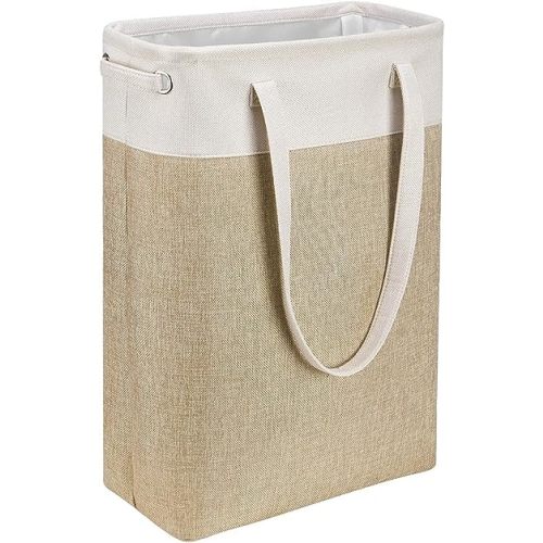i BKGOO Laundry Basket with Handles Beige&Khaki-Slim Laundry Bin Collapsible Dirty Clothes Basket Narrow Laundry Bag Foldable Dirty Hamper for Camping, Dorms, Apartments
