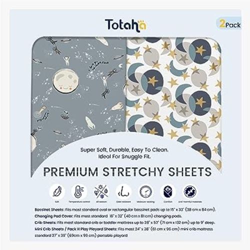 TotAha Space Crib Fitted Sheet, Super Stretchy Jersey Star Crib Sheets, Buttery Soft Boy Crib Mattress Sheets, Ultra Breathable Baby Bed Sheets 28x52x9 Extra Deep Pocket, 2 Pack