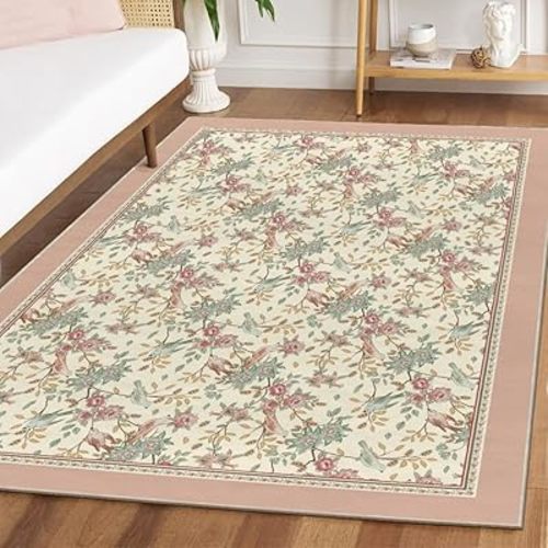 Artoid Mode Pink Floral Bird Spring Area Rug, Summer Home Decor Low-Profile Washable Area Rugs for Entryway Bedroom Living Room Laundry Room Indoor 5x7 Feet
