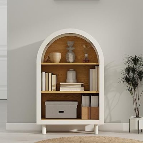 3-Tier Arched Bookcase,Modern Low Short Bookshelf,Small Wood Open Display Shelf,Arched Storage Cabinet for Living Room,Bedroom,Home Office,White