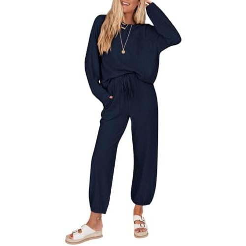 KIRUNDO Lounge Sets for Women 2025 Fall Travel Airport Outfits Ribbed Knit Tops Jogger Pants Tracksuit Postpartum Comfy Set