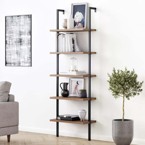 5-Shelf Ladder Bookshelf Oak Matte Black