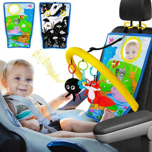 Car Seat Toys for Baby Infant 0-6 Months, Black and White High Contrast Double-Sided Car Seat Toys with Hanging Music, Mirror, Teether Baby Essential Car Toys, Easier Drive with Newborns&Babies