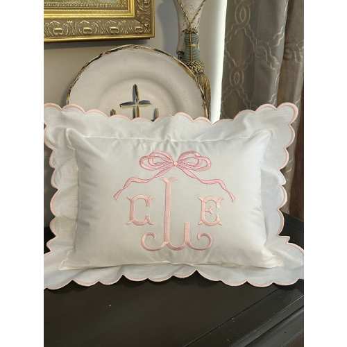 Pink Scallop Pillow and Insert, Monogram Nursery Pillow, Personalized Baby Gift, Bow Pillow, Decorative Throw, Monogram Pillow Sham