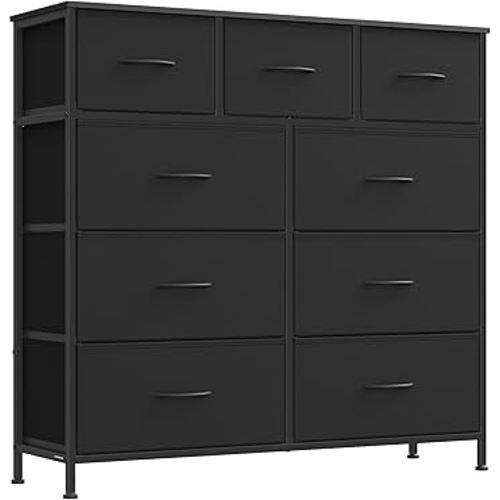 SONGMICS Dresser for Bedroom, Chest of Drawers, Steel, MDF, 9 Non-Woven Fabric Drawers, Storage Organizer Unit, Closet, Entryway, Ink Black and Ebony Black LGS324B01S