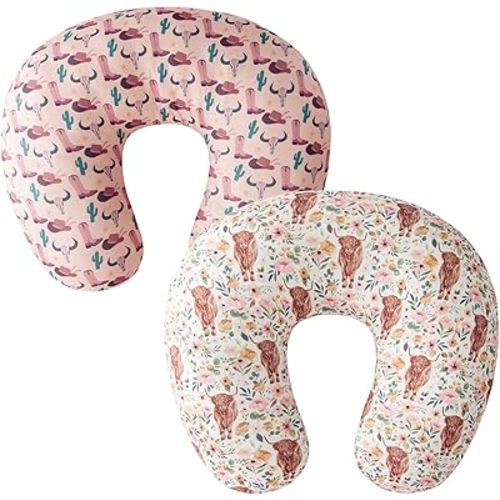 Little Jump 2 Pack Nursing Pillow Covers, Stretchy Removable Case for Breastfeeding Pillows, Ultra Soft Comfortable Slipcover for Baby Girls Western Cowgirl Boots Hats Highland Cows (2 Pack Cowgirl)