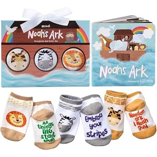 Tickle & Main Noah’s Ark 4-Piece Books for Babies 0-12 Months - Includes Storybook and 3 Pairs of Animal Socks Noah Arc Noahs Ark Book for Baby