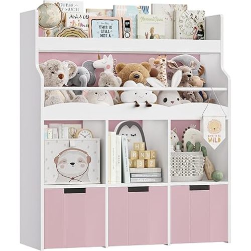 HITHOS Kids Toy Storage Organizer with Bookshelf, Multifunctional Book Shelf with 3 Movable Toy Organizers for Kids Room, Kids Bookcase and Toy Box, Toy Storage Chest for Playroom, Pink