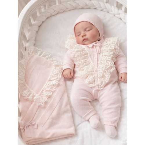 Pink Lace Knit Baby Coming Home Outfit – 5 Piece Cotton Set