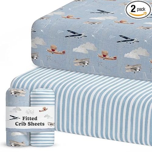Crib Sheets Neutral - Fitted Baby Crib Sheets Bed for Girl Boy - 2 Pack Standard & Toddler Mattress - Buttery Soft Organic Cotton Blend (Airplanes in the Clouds)