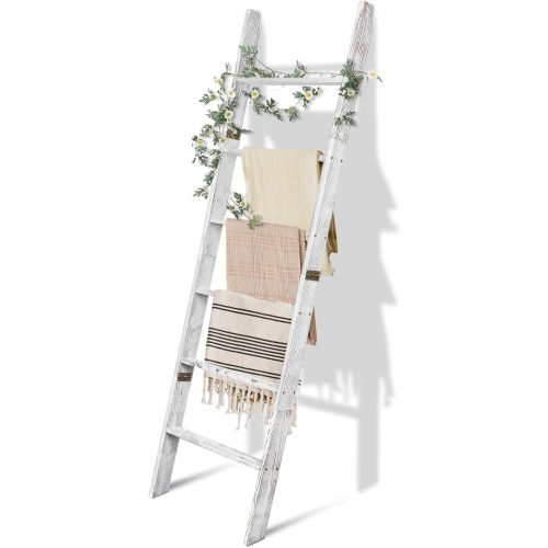 6-Tier Blanket Ladder Wooden,100% Pine,Towel Holder Rack with Anti-Slip Construction,Home Decor,Easy Assembly (Vintage White)