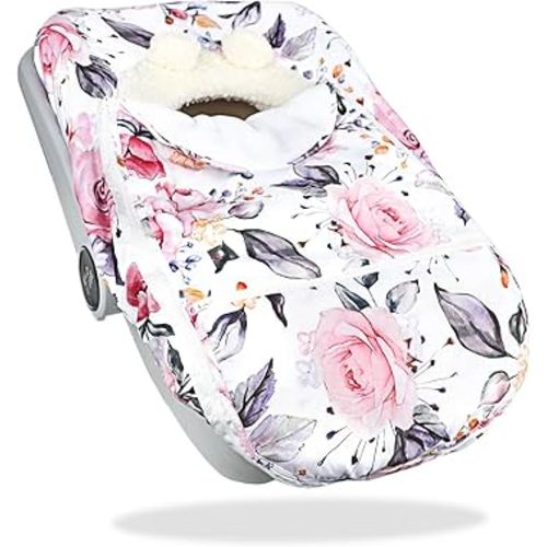 Pea Pod Winter Car Seat Cover for Baby, Infant Car Seat Canopies Cover for Newborn, Warm Plush Fleece Inner Protect Baby from Cold Wind, Stylish Floral