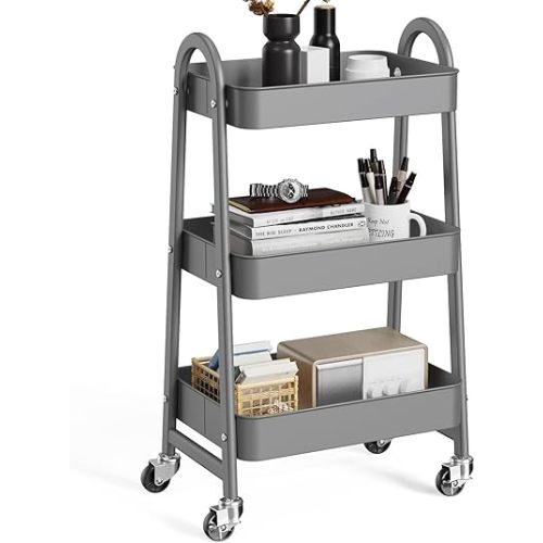 OLIXIS 3 Tier Utility Rolling Cart, Metal Mobile Storage Shelf with Lockable Caster Wheels, Organization for Livingroom, Bathroom, Kitchen, & Narrow Places, Gray