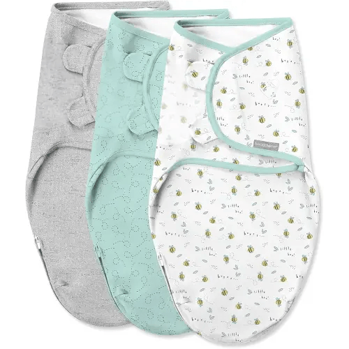 SwaddleMe by Ingenuity Easy Change Baby Swaddle in Size Small/Medium, 0-3 Months, 7-14 Pounds, 3-Pack with Easy Change Zipper - Little Bees