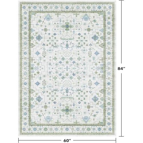 Oushak Area Rug for Bedroom 5x7 - Blue and Green Vintage Boho Floral Geometric, Washable Low Pile Non Slip Area Rugs for Nursery Room, Foyer, Cozy Aesthetic Room Decor