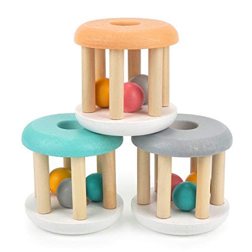 DUCKBOXX XX Montessori Infant Toys, Natural Wood Rolling Rattle Toy for Babies Ages 0m – 2yrs (White Base - 3pcs)