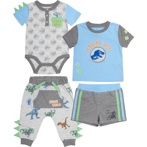 Jurassic Baby Boys 4 Piece Clothing Set | One-Piece Bodysuit, Gel Overlay Shorts, Short Sleeve T-Shirt, Jogging Pants