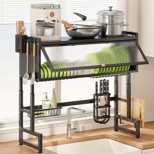 Overthe Sink Dish Rack, Over the Sink Drying Rack with Cover, Dish Drying Rack Over Sink for Bowls and Cutlery, Dish Holder Organizer for Kitchen Counter Storage (Black, 25.6" Length)