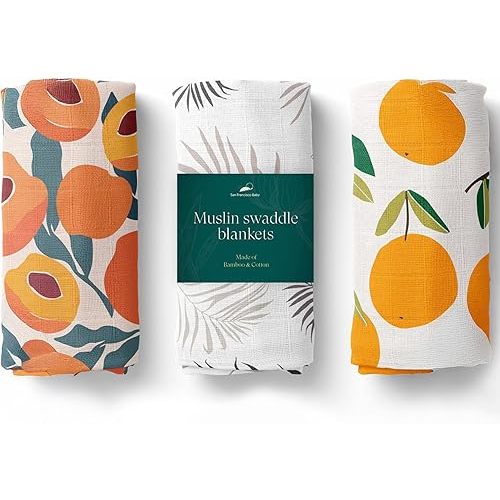 San Francisco Baby Muslin Swaddle Blankets, 3-Pack - Soft Bamboo Rayon and Cotton Receiving Blankets for Boys & Girls - Adorable Fruits Design