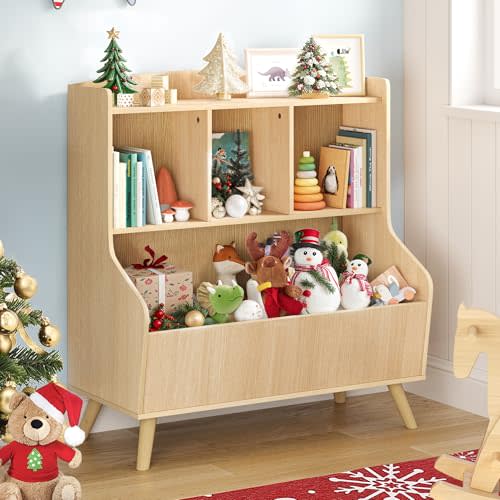 Curipeer Kids Bookshelf and Toy Storage, 3-Tier Wooden Bookcase, Baby Book and Toy Storage Display Organizer with Spacious Top Shelf for Children, Family, Natural Wood Color(Large Size)
