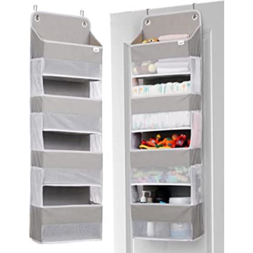 ULG Over Door Organizer with 4 Large Pockets 6 Mesh Side Pockets, 33 lbs Weight Capacity Hanging Storage Organizer with Clear Window for Baby Kids Toys, Diapers, Grey?1 Pack, 4 Layers