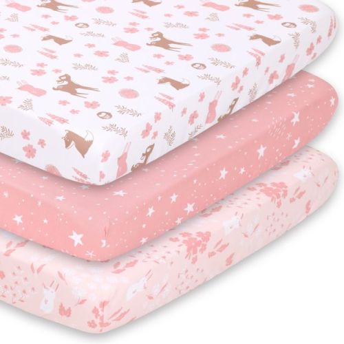 The Peanutshell Mini Crib Sheet Set For Girls - 3 Pack - Multiuse For Pack & Play, Playard, Playpen, Mini Crib, Pink Woodland Floral