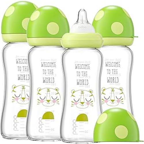 YOHKOH Natural Glass Baby Bottle with Natural Response Nipple, Newborn Anti-Colic Baby Bottles, Wide Neck Mushroom Cap Baby Bottle, Clear (8.8ounce (Pack of 4), Green1)