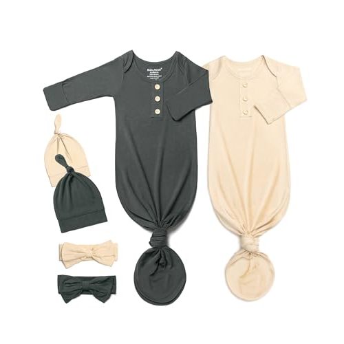 Baby Noah Newborn Knotted Gown Set with Hat and Headband, Soft Tie Bottom Newborn Sleepers for Baby Girl Boy (2 Packs)