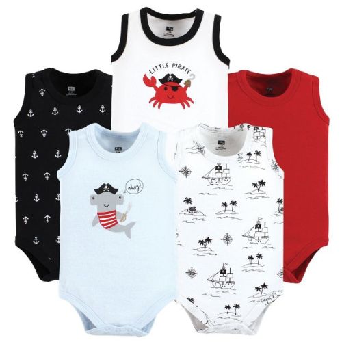 Hudson Baby Infant Boy Cotton Sleeveless Bodysuits, Pirate Shark, 0-3 Months