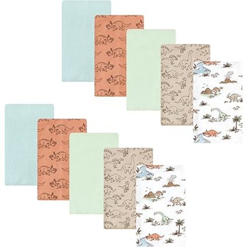 Hudson Baby Unisex Baby Cotton Flannel Burp Cloths, Dinosaur Adventures 10-Pack, One Size