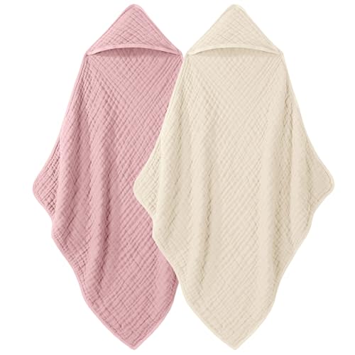 Looxii Baby Bath Towels 2 Pack Muslin Hooded Baby Towels for Newborn and Infants, 100% Cotton, Large 32x32Inch, Soft and Absorbent Beige+Pink