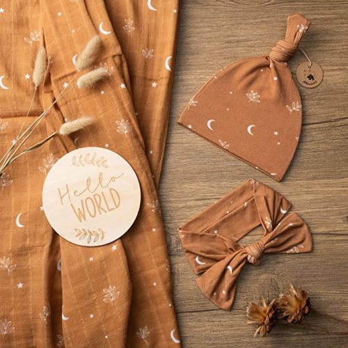 Miaoberry 100% Organic Cotton Baby Muslin Swaddle Blanket Set| Burnt Orange Boho Moon| Gender Neutral for Boys Girls|moon leaf| Hospital Newborn Receiving Blanket |Newborn Unisex