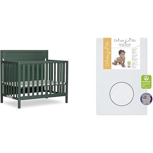 Dream On Me Bellport 4 in 1 Convertible Mini Crib Safari Green 40"x25"x33" & Holly 3" Fiber Portable Mini Crib Mattress White
