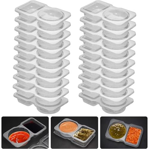 20 Set Reusable Snack Containers, 2-Compartment Dipping Containers with Lid for Refrigeration, Portion Control, Outdoor Takeaway Sauce Dip Case