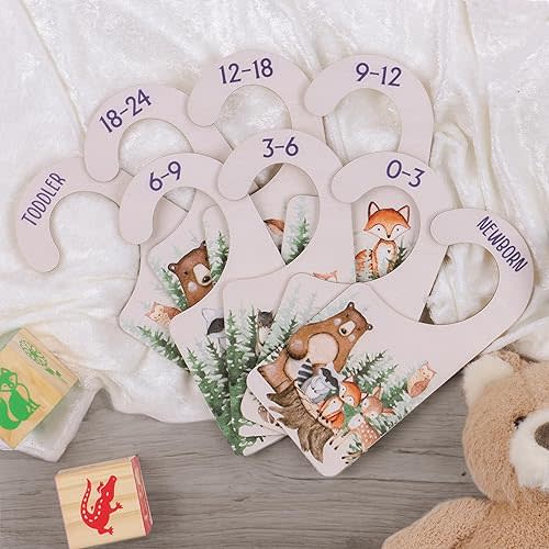 IDYLLICA Wood Baby Closet Dividers & Clothing Organizer - Premium Wood 8-Pack Wooden Unisex Gender Neutral Nursery Organization for Storing Baby’s Clothing - Forest Animal Boutique Boho Minimalist