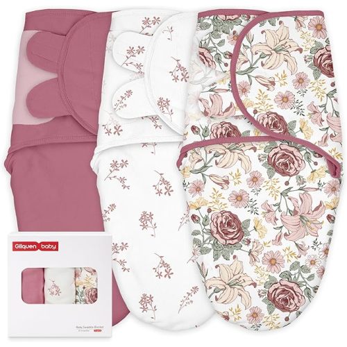 GLLQUEN BABY Swaddles for Newborns 0-3 Months, Adjustable & Easy Fastener | 3-Pack, Baby Girl Swaddles Organic Cotton Womb-Like Nursery Swaddling Blanket reduces startle reflex, Soft & Skin-Friendly