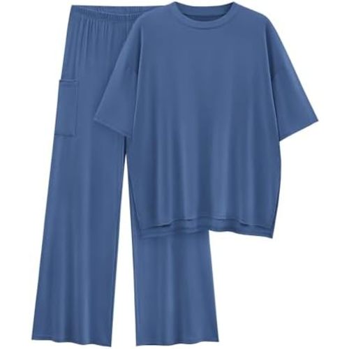 KIRUNDO Womens 2 Piece Outfits 2025 Summer Casual Loose Short Sleeve Pullover Tops & Wide Leg Pants Lounge Sets Tracksuit