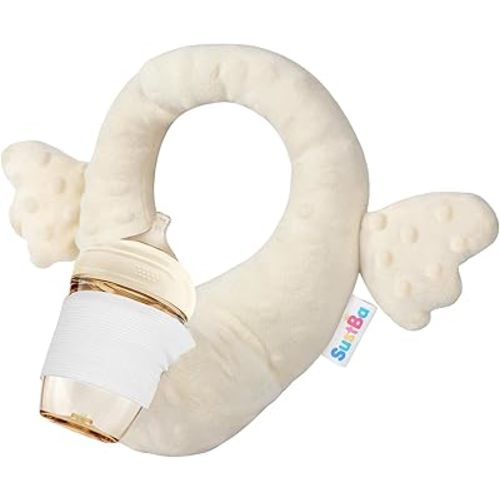 Baby Bottle Holder Hands Free, Portable Bottle Holder for Baby Self Feeding with Crinkle Paper, Adjustable Breastfeeding Pillows Support for Newborns, Nursing Support Cushion for Travel (Beige)